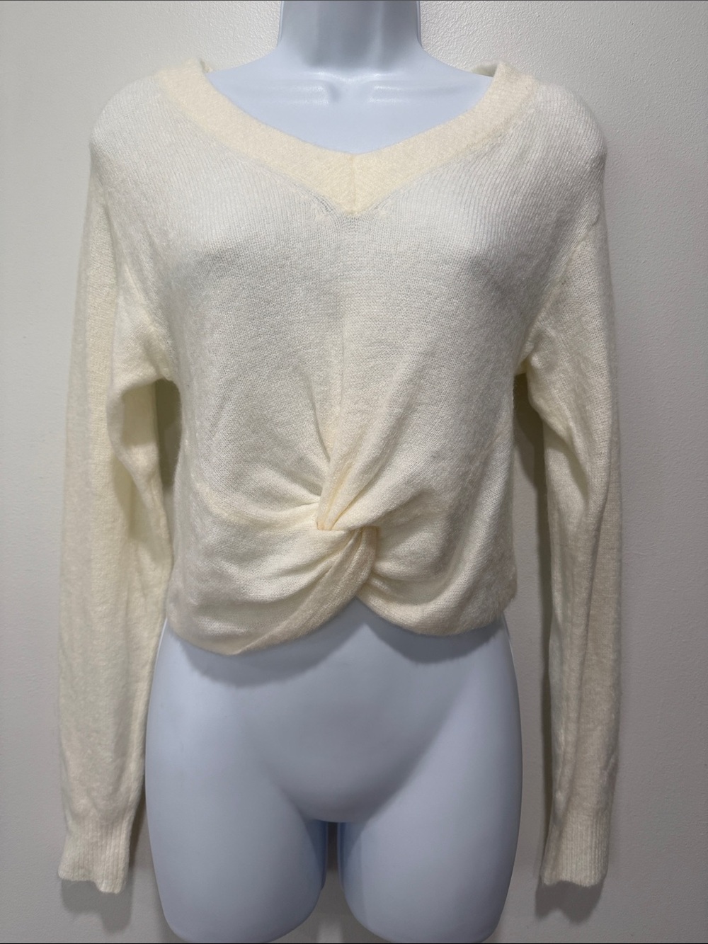 Cream Twist-Front V-Neck Sweater